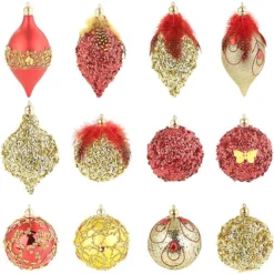 12 Boules De Noël Rouge Et Or à Plumes Et Paillettes