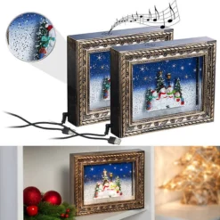 2 Cadres Décoratifs De Noël "Bonhommes De Neige" Avec LED, Musique Et Neige