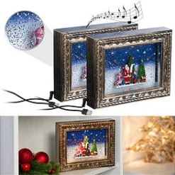2 Cadres Décoratifs De Noël "Cadeaux" Avec LED, Musique Et Neige