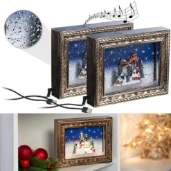 2 Cadres Décoratifs De Noël "Village De Noël" Avec LED, Musique Et Neige