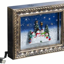 Cadre Décoratif De Noël "Bonhommes De Neige" Avec LED, Musique Et Neige