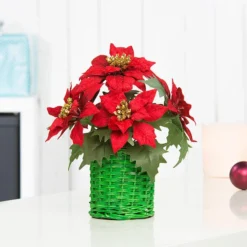 Composition Florale De Noël Avec Poinsettias Et Panier Tissé -Pearl Noël Soldes Boutique composition florale de noel avec poinsettias et panier tisse ref NX3083 2