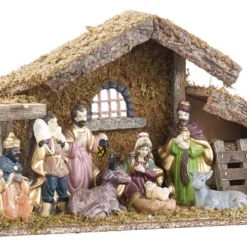 Crèche De Noël En Bois Avec Figurines En Porcelaine Peintes à La Main - Grande