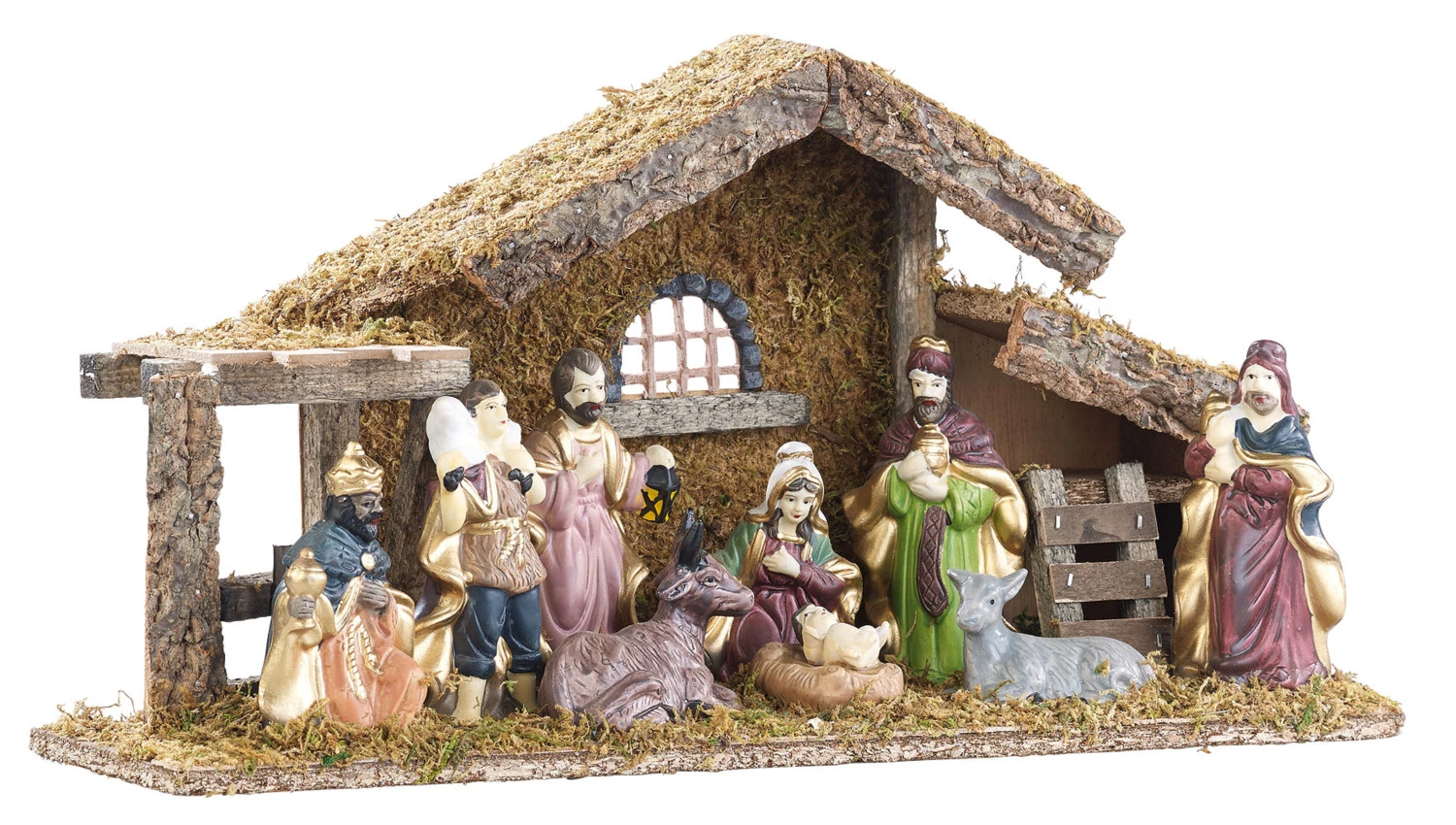 Crèche De Noël En Bois Avec Figurines En Porcelaine Peintes à La Main - Grande 1 Crèche De Noël En Bois Avec Figurines En Porcelaine Peintes à La Main - Grande