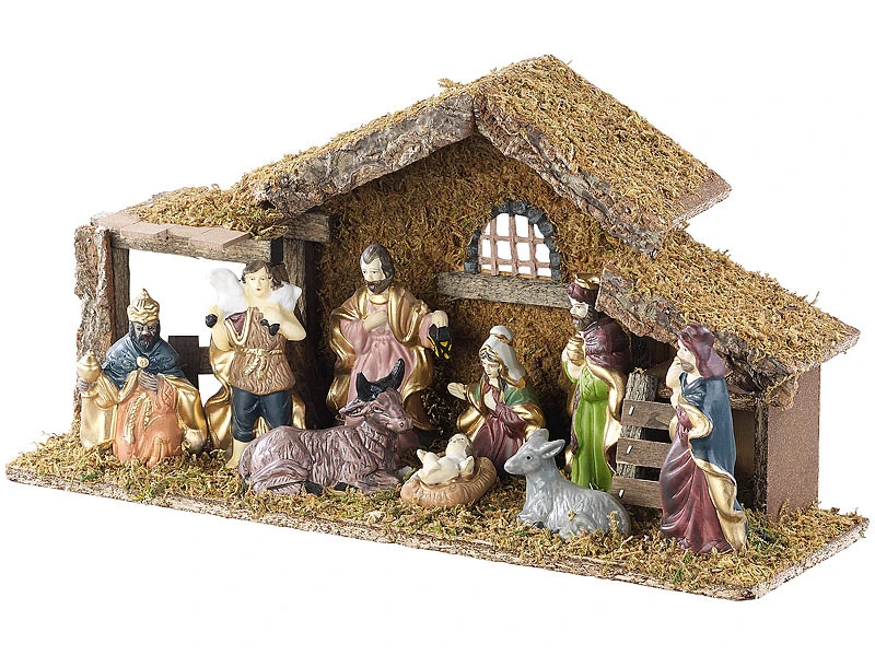 Crèche De Noël En Bois Avec Figurines En Porcelaine Peintes à La Main - Grande 2 Crèche De Noël En Bois Avec Figurines En Porcelaine Peintes à La Main - Grande – Image 2