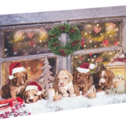 Tableau De Noël à 5 LED Avec Des Chiots 60 X 40 Cm
