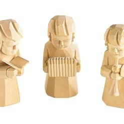 Trio De Figurines En Bois Sculpté ''Musiciens De Noël''
